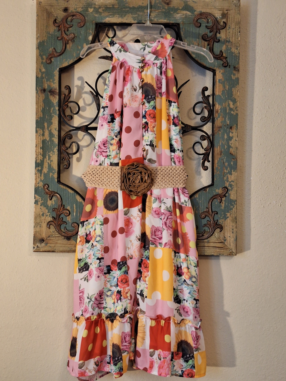 Floral Patchwork Pink Midi Dress with Belt. Size Large